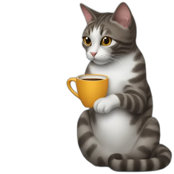 cat working on a large computer holding a coffee cup emoji
