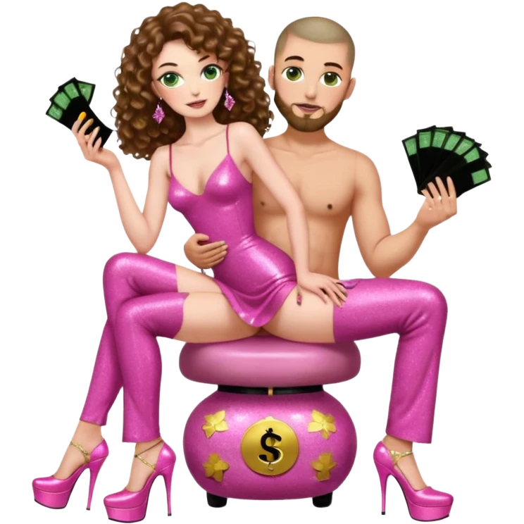 Sensual woman green eyes brown long curly hair evil occult,with 7 inch platform stripper high heels pink with glitter dress, holding a Spanish man, sitting on a buzz cut hair man’s pimp lap, holding cash emoji