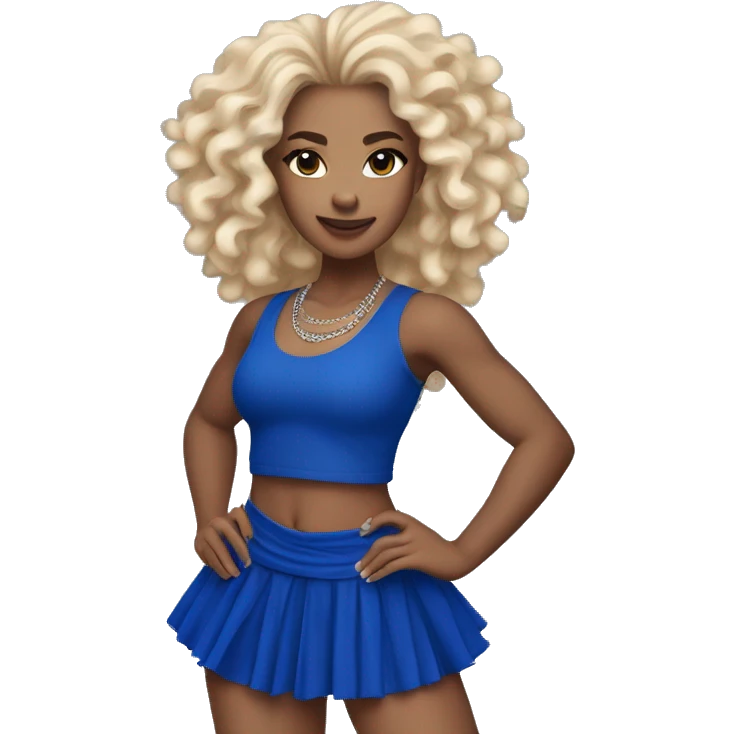 Dancer with light skin wearing royal Blue miniskirt and royal blue long tank top with blond wavy long hair. Holding silver pom poms.  emoji