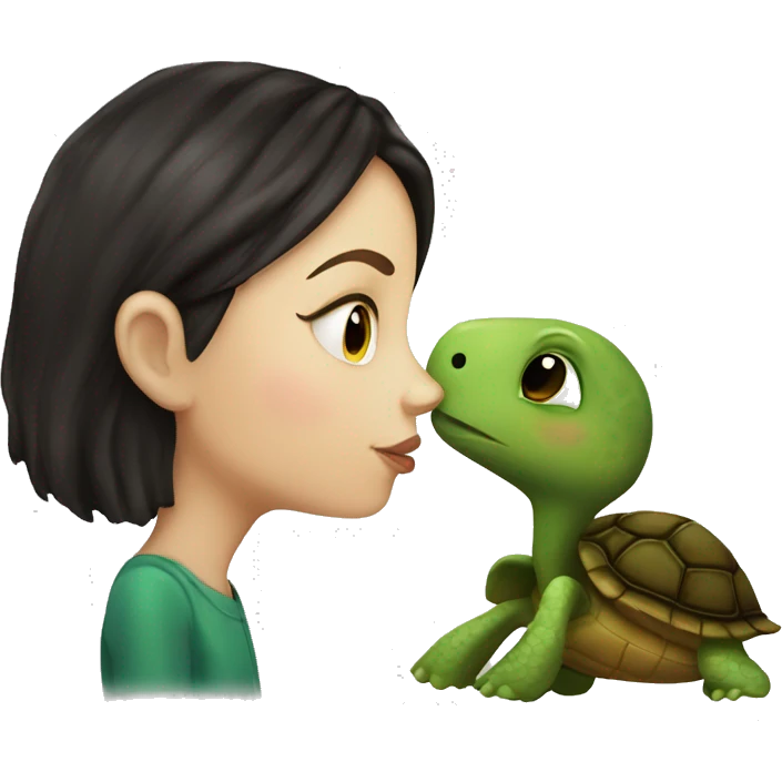 A white girl with dark hair kisses a little turtle emoji