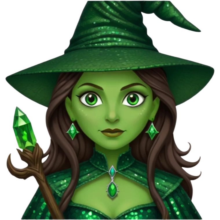 Elphaba, Wicked Witch of the West from The Wizard of Oz with long brown hair, dark green sequin outfit, green skin emoji
