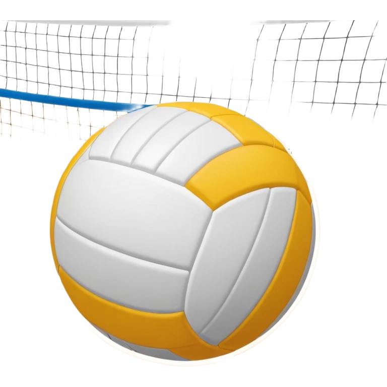 The background shows the stands filled with spectators, creating an energetic atmosphere of a volleyball match, with attention to detail on the equipment and the surrounding environment. A close-up of a volleyball on the court, with the net in focus and the court markings visible.  emoji