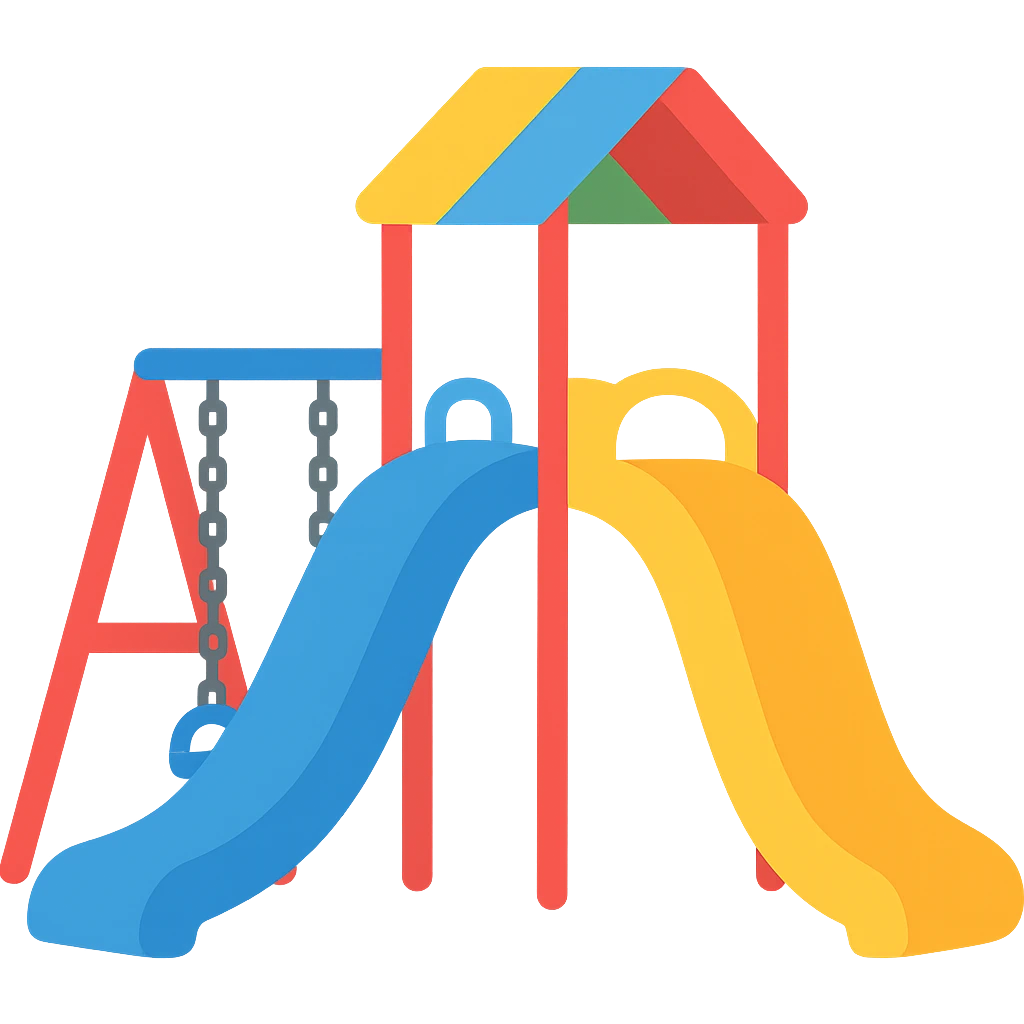 Simplify the fun playground scene with multicolored slide and swings into a simple emoji style illustration. Remove the background and keep the design minimal and colorful like an emoji. emoji