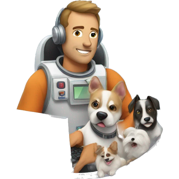 man using a computer in space surrounded by dogs emoji