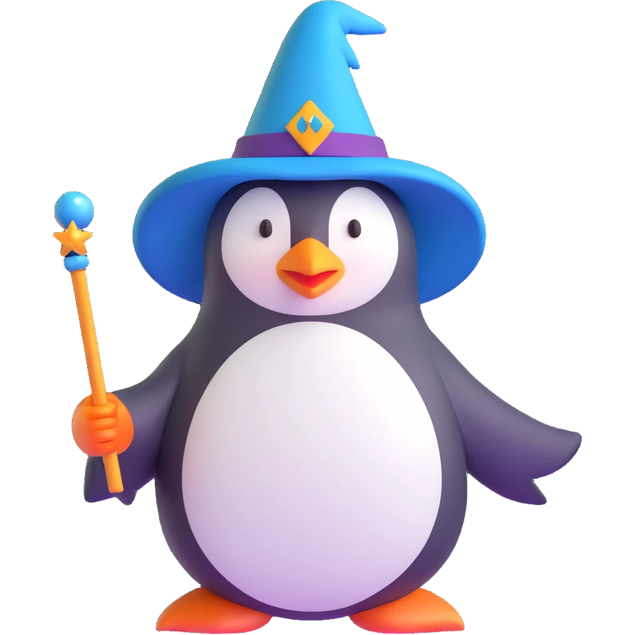 penguin wearing a wizard hat and holding a magic wand emoji