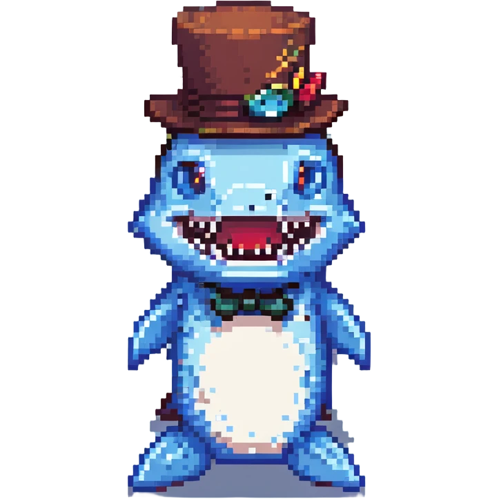 pixel art shark with a fancy tophat, playful expression emoji