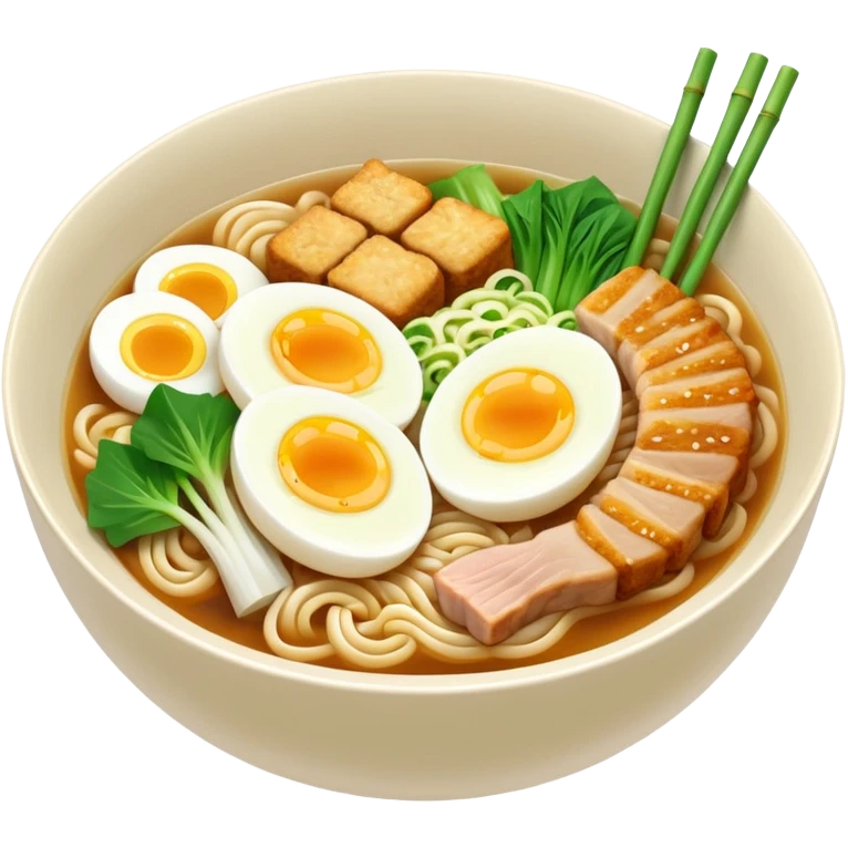 Delicious bowl of ramen noodles with miso soup broth base, bamboo, bok choy, eggs, pork, fish cakes, and green onions emoji