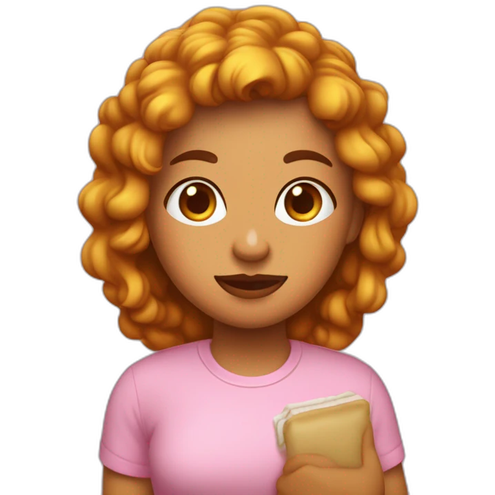 chica con pelo lardo marron solo un poco ondulado pero mas lacio, ojos marrones oscuros, con anteojo de borde superior rosa, en la mano un iPhone, una remera color mostaza  emoji