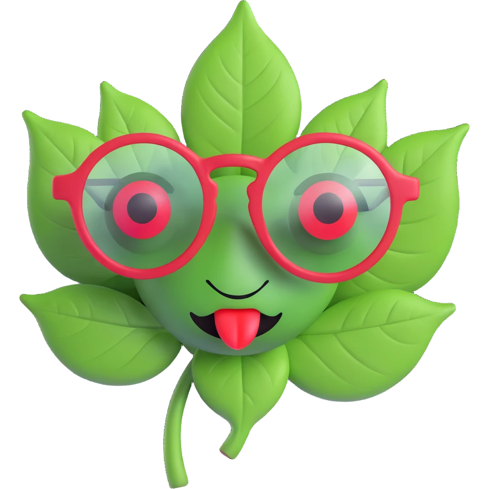emoji with green leaf-shaped clear lens glasses, red eyes, smoke coming out of an O-shaped mouth emoji