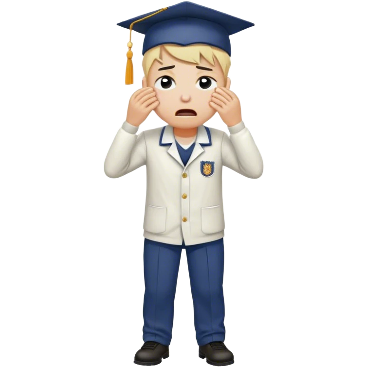Create an emoji of a student with white skin tone crying. He is wearing a university uniform, including a shirt and pants and hat. The man is visibly upset, with tears streaming down his face. The background should be simple to emphasize his emotional state, conveying the feeling of being overwhelmed with university stress or personal struggles. close head shot emoji