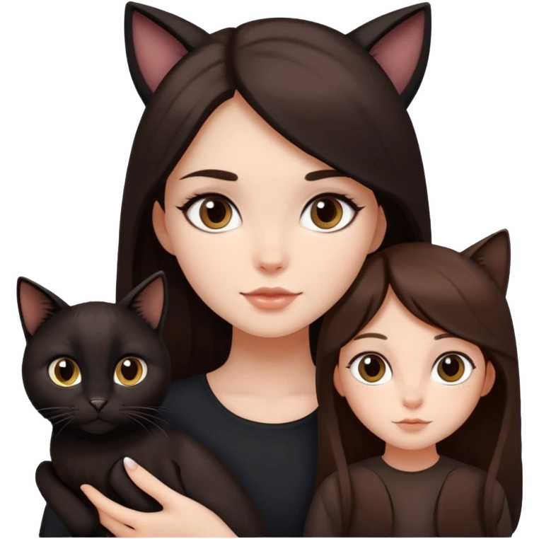 A girl with long dark brown hair ,Bambi eyes holding a black and a brown cat emoji