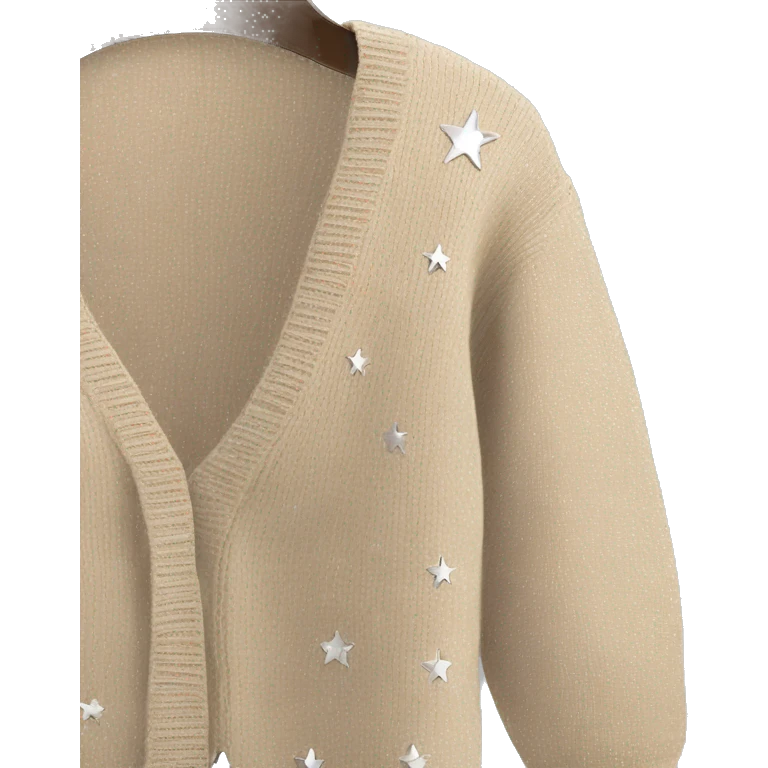 beige knit cardigan with 3 silver stars on the sleeves emoji