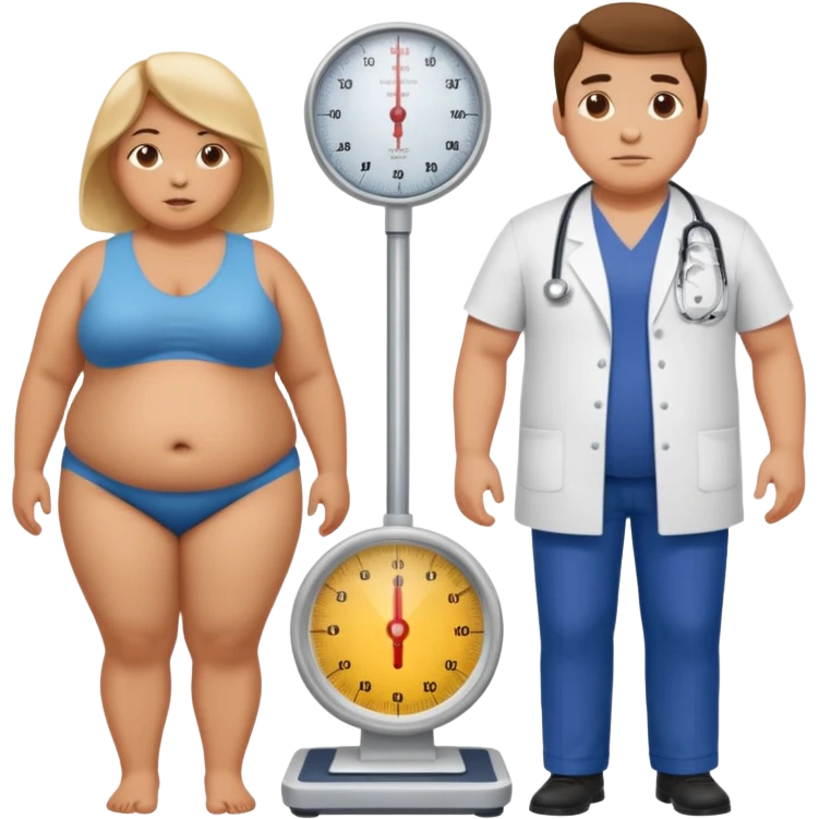 pessoa gorda em cima de balança e medico do lado avaliando emoji