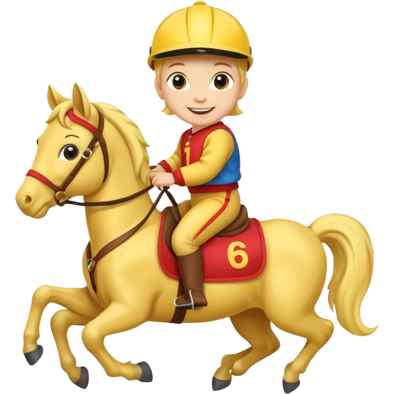 baby riding horse wearing racing cloth yellow number emoji