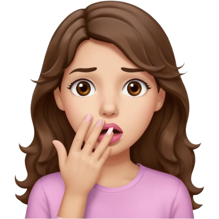 girl with wavy long brown hair, brown eyes, light to medium complexion, long lashes, light pink lipstick, wearing light pink shirt, shocked, hand covering mouth emoji