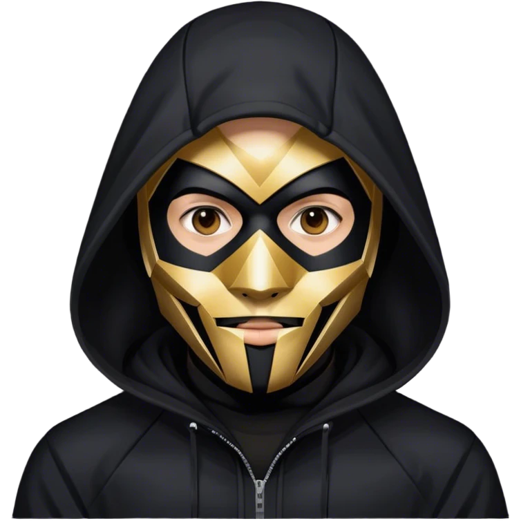 man with black hooded jacket and a only black full-face geometric mask emoji