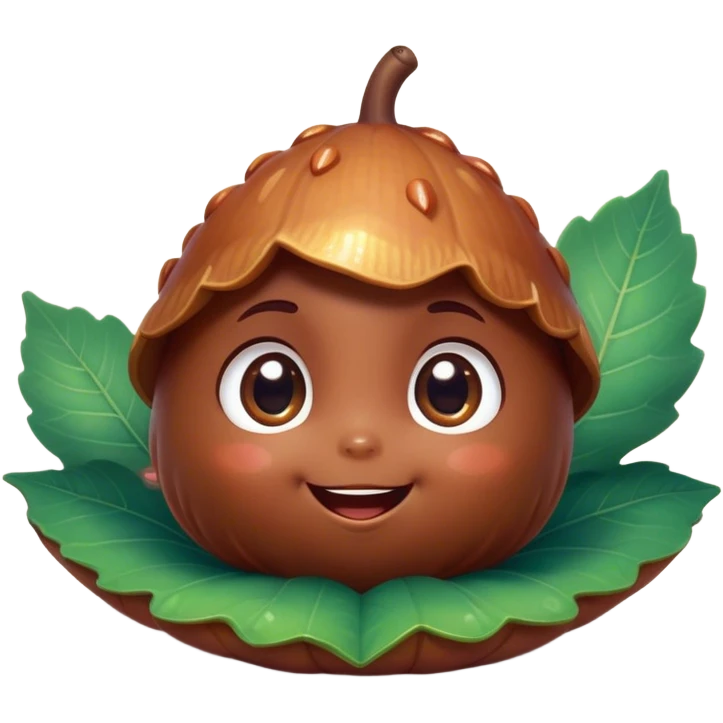 Cinematic tiny happy acorn, glossy brown, soft glowing highlights, tiny adorable face with big sparkly eyes, sitting on a pastel leaf, warm and cheerful. emoji