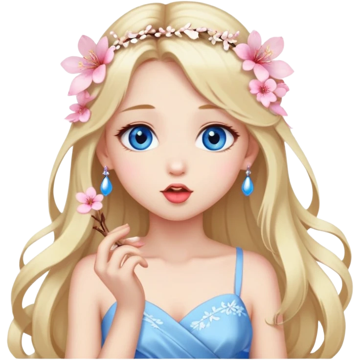 Girl with long blond hair and sakura accessories on her hair with a long tailed dress on the ground and have blue eyes beautiful finish and she sending lovely kisses  emoji
