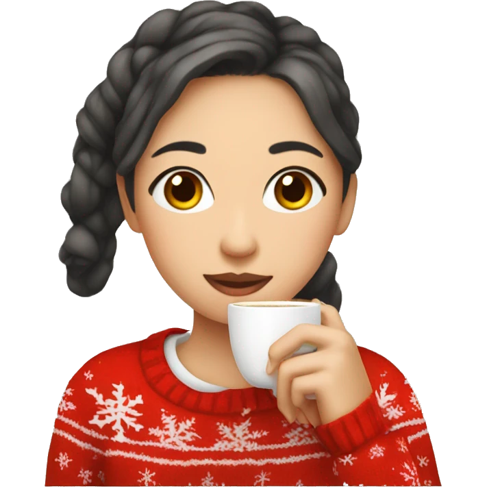 asian girl drinking coffee wearing Christmas sweater emoji