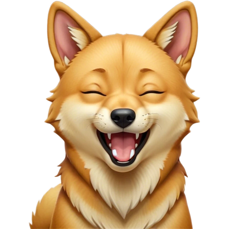 Cinematic Cute Yawning Dingo Portrait Emoji, Head tilted slightly with a dramatic, wide-open yawn, showcasing a soft, sandy fur with gently drooping ears and round amber eyes barely open in drowsy contentment, Simplified yet irresistibly adorable features, highly detailed, glowing with a soft, cozy glow, high shine, relaxed yet expressive, stylized with a touch of wild charm, bright and endearing, soft glowing outline, capturing the essence of a sleepy yet affectionate dingo, so drowsy it feels like it could stretch out of the screen and curl up for a nap! emoji