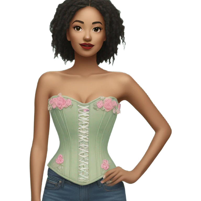 Sage green corset with flower embroidery and pink bows, isolated emoji