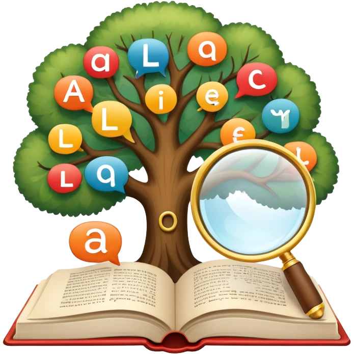 An icon featuring an open book, a speech bubble, and a linguistic tree, symbolizing philology and linguistics. The design includes alphabets, language symbols, and a magnifying glass, representing the study of language, structure, and meaning. Transparent background highlights language research emoji
