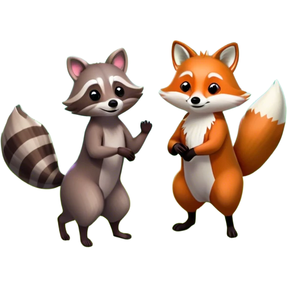 raccoon and a fox among a colorful forest with vibrant green trees, bushes and flowers. The animals are in the foreground, surrounded by a lush, bright forest, with soft sunlight filtering through the leaves. A playful photo-realistic and wild scene with a transparent background. emoji