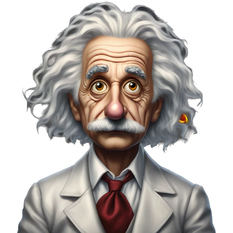 Einstein in Harley Quinn style, oil paint, mysterious eyes, intricate lips, masterpiece portrait, odd perspective, beautiful, desirable, logical emoji