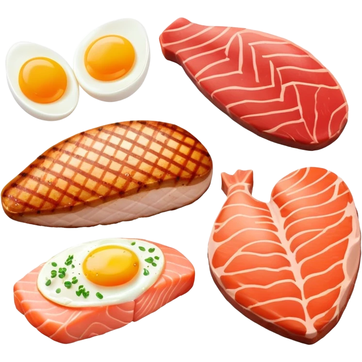 Four separate protein icons: a golden glowing chicken breast, a red meat steak, a smaller salmon fillet, and an egg, each with a subtle DNA strand behind it and muscle fiber pattern around the edges emoji