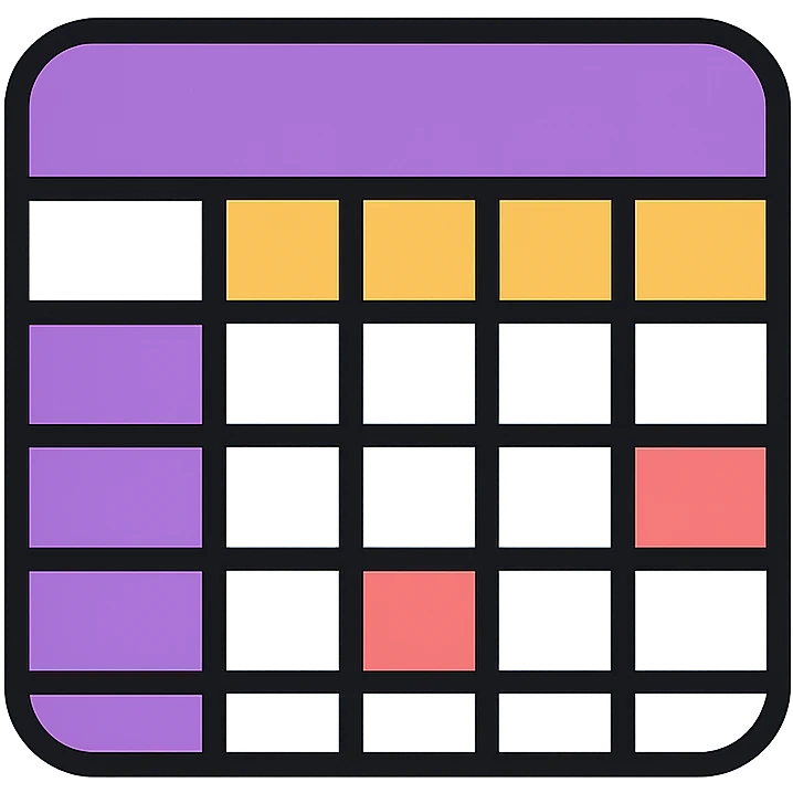 A structured data icon representing a table, clean and modern design, suitable for digital interfaces, purple as main color. emoji