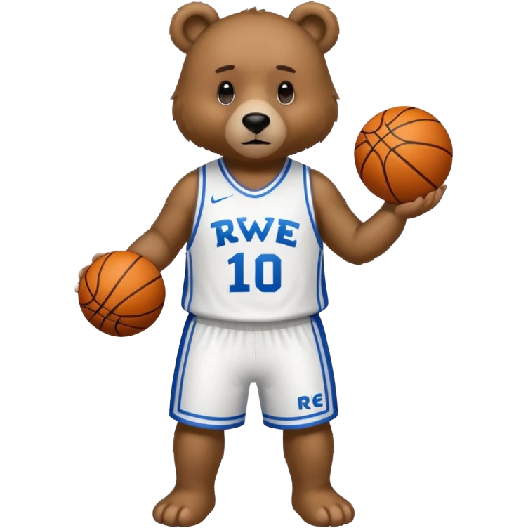 Bear with full body and wearing basketball white  jersey that says RWE  emoji