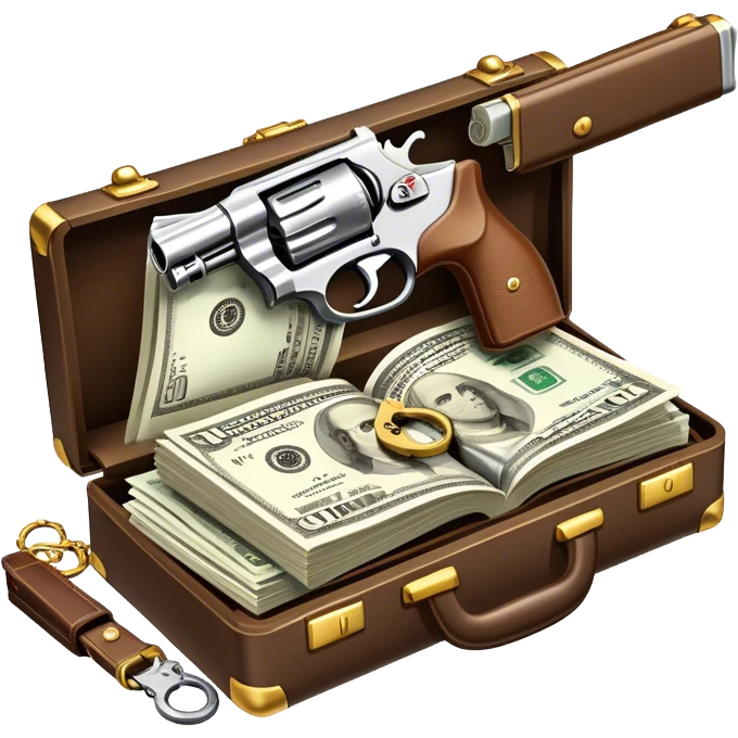 Icon for Action & Crime Reading: an open book with action-packed scenes, featuring a gun, handcuffs, a detective's badge and a briefcase with money. The icon should capture the tension and excitement of crime and action stories. Transparent background. emoji