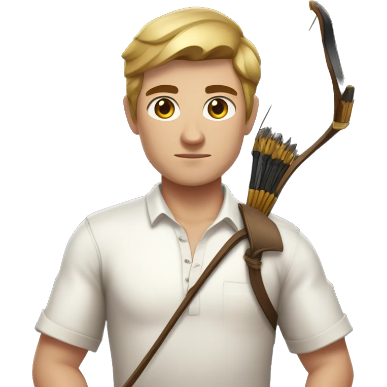 a male archer with a bow, wearing a white shirt, very short brown hair, bright skin, only show upper part of the body from waist up emoji