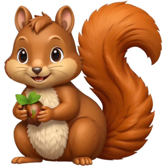 A 3D cartoon squirrel holding an acorn, fluffy tail curled up, orange-brown fur, happy face, soft natural light, Memoji-style look. emoji