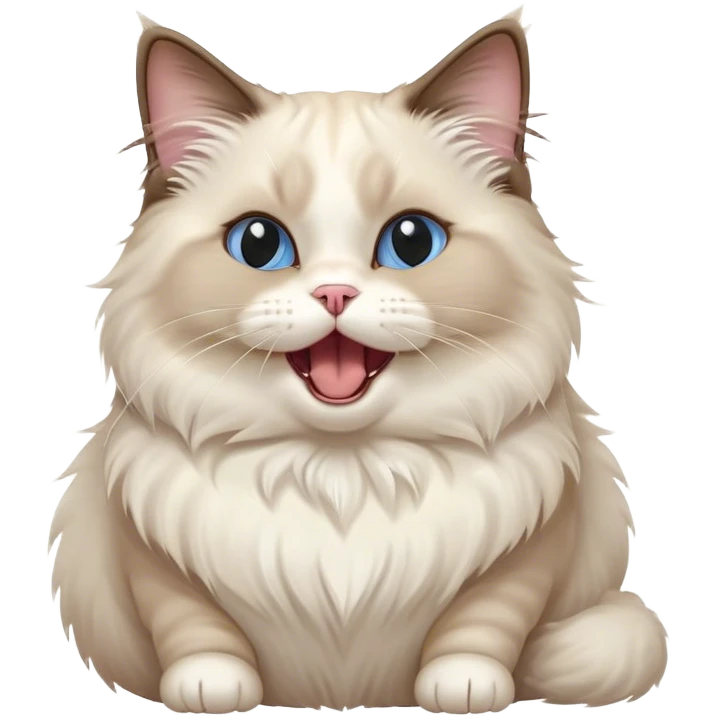 Cinematic Cute Chubby Ragdoll Cat Portrait Emoji, Head tilted playfully and yawning, round and plump body with soft, silky fur in a mix of light and darker points, Simplified yet adorable features, highly detailed, glowing with a warm, friendly glow, high shine, curious yet calm, stylized with a touch of whimsy, bright and endearing, soft glowing outline, capturing the essence of a mischievous yet loving and lazy kitty, so cute it feels like it could stretch out of the screen and cuddle! emoji