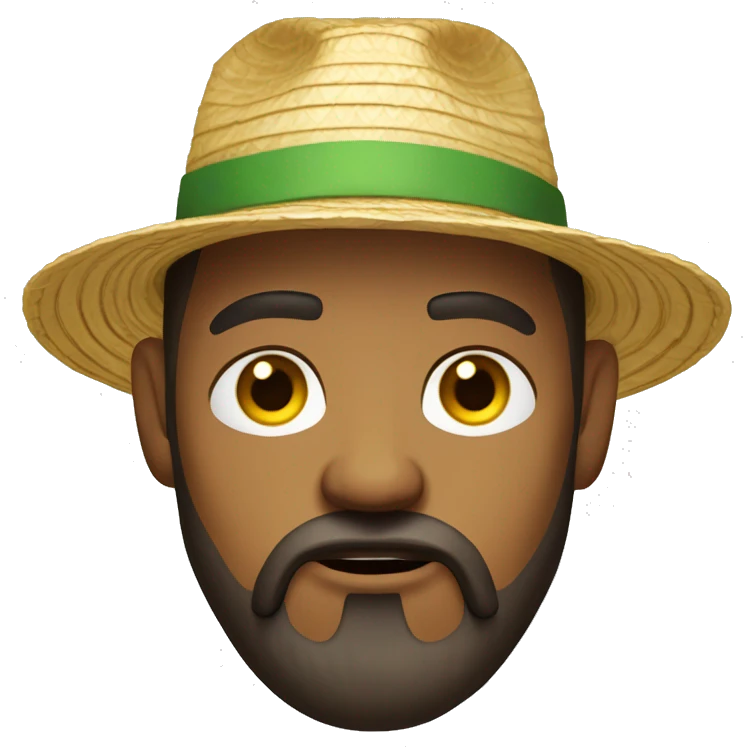 man with brown beard, light brown skin, big eye brows, wearing a straw hat and a yellow t-shirt, looking angry emoji