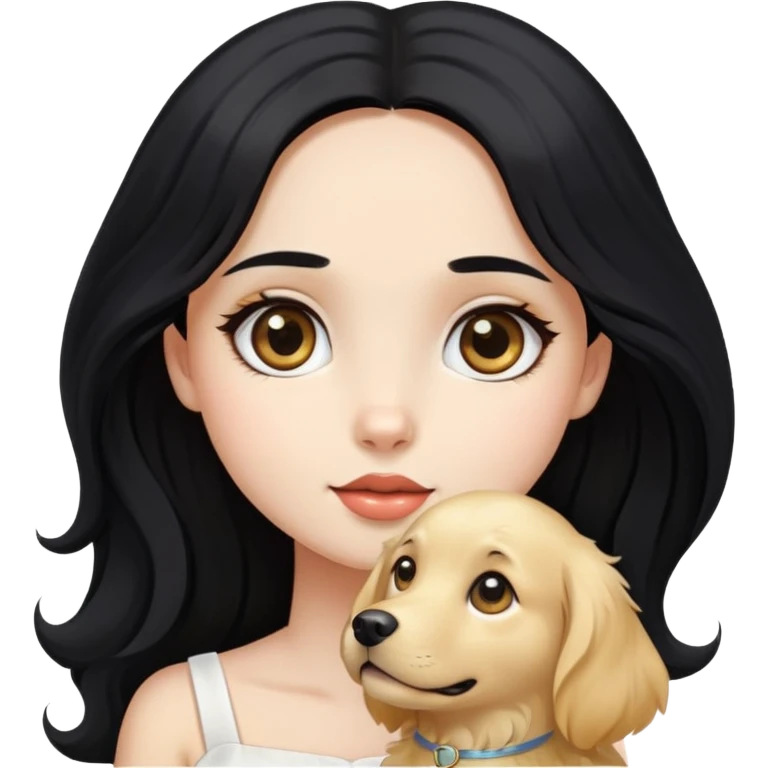 A beautiful girl with big eyes, fair skin, long black hair with white dress and a Golden Retriever emoji