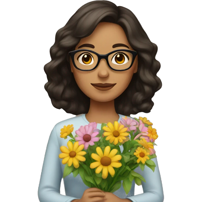 Brunette woman with glasses holding flowers emoji