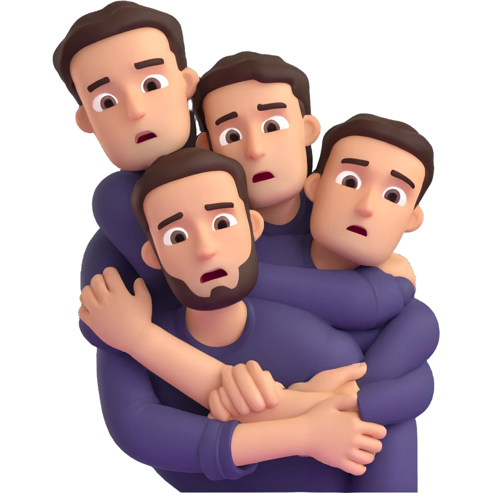 man with anxious attachment style clinging desperately to partner with worried expression and fear of abandonment emoji