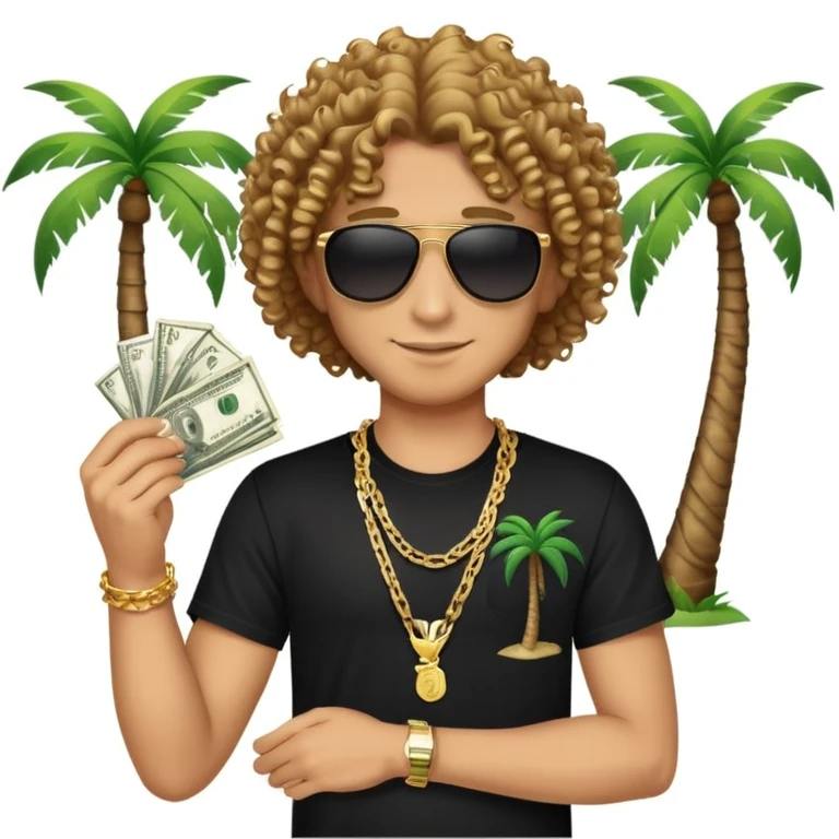 Happy mixed-race person with curly hair, black t-shirt, chain necklace, sunglasses, holding cash in both hands, palm tree beach background emoji
