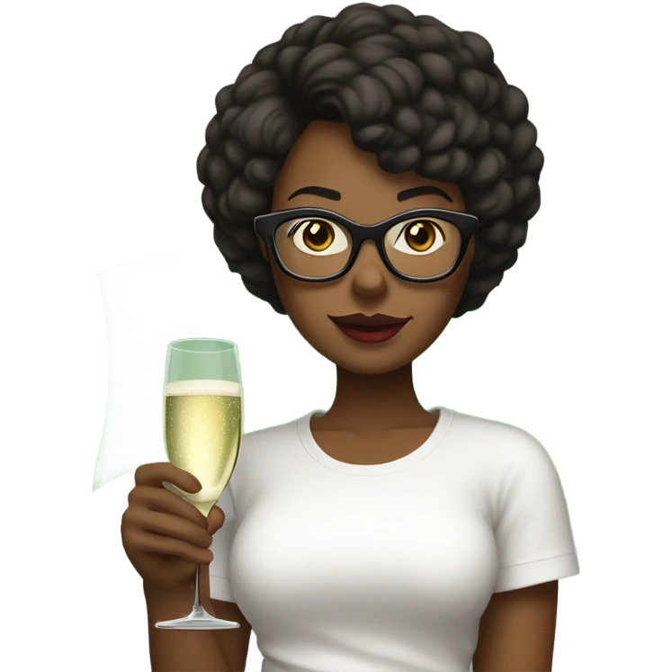 Short hair black woman with glasses woman in a white tee shirt with red, black, and green flag on it having a glass of champagne.  emoji