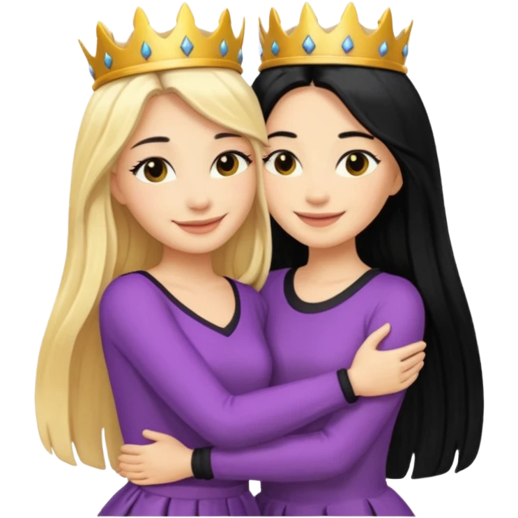 Two queens with long black hair and blonde  hugging. emoji