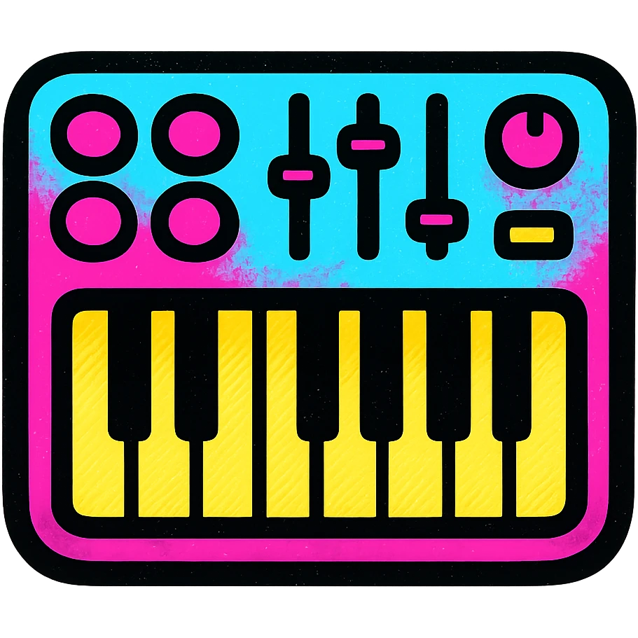 A MIDI keyboard in Pop Colors style, with a graffiti-inspired design, urban vibe, spray-paint textures, and bright, contrasting colors. emoji