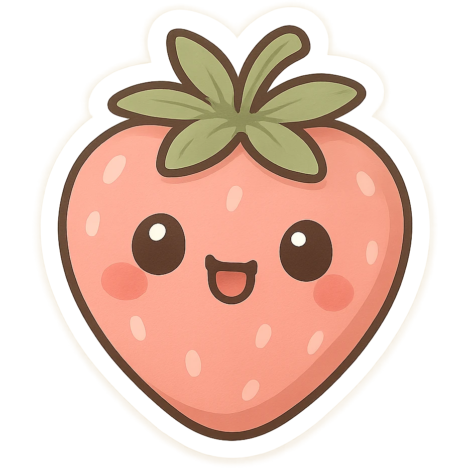 pink strawberry with a cute face, playful and adorable, chibi stickers style emoji