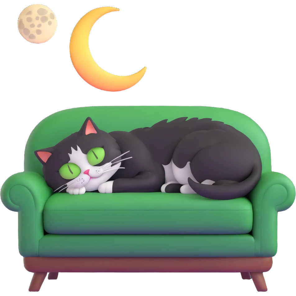 tricolor fluffy cat with big green eyes sleeping on a sofa with a moon above her emoji