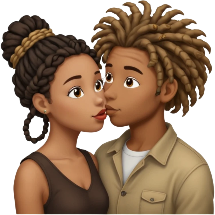 Brown boy with dreadlock kissing black girl with curly bun emoji