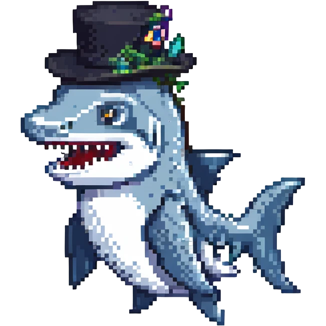 pixel art shark with a black tophat, side view emoji