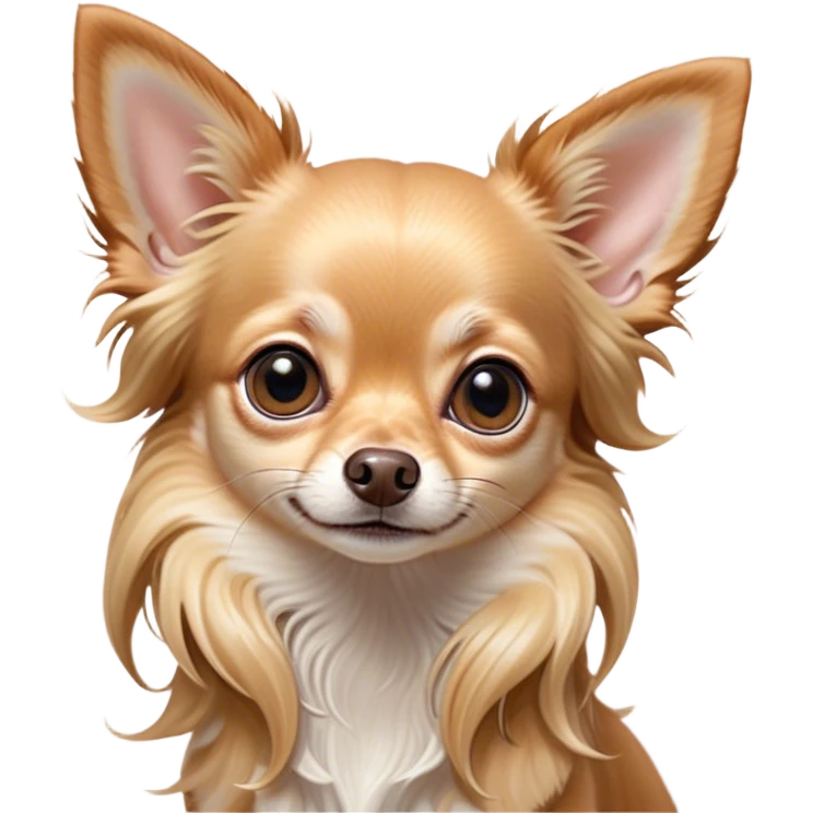 Cinematic Cute Long Haired Fawn Chihuahua Portrait Emoji, Head tilted playfully and inquisitively, silky long fawn hair with gentle highlights, round, sparkling dark eyes filled with curiosity, Simplified yet irresistibly adorable features, highly detailed, glowing with a warm, friendly glow, high shine, affectionate and lively, stylized with a touch of whimsy, bright and endearing, soft glowing outline, capturing the essence of a mischievous yet loving companion, so playful it feels like it could prance out of the screen and into your arms! emoji