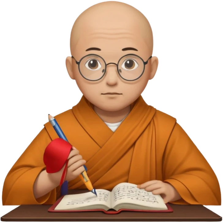A bald scholar monk with round glasses, writing notes with quiet concentration.
 emoji