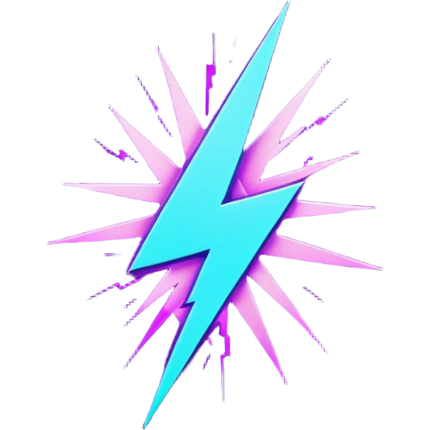 futuristic minimalistic glowing lightning bolt symbol, neon purple and cyan light, dark background, sleek cyberpunk tech style, no face, 1:1 aspect ratio emoji